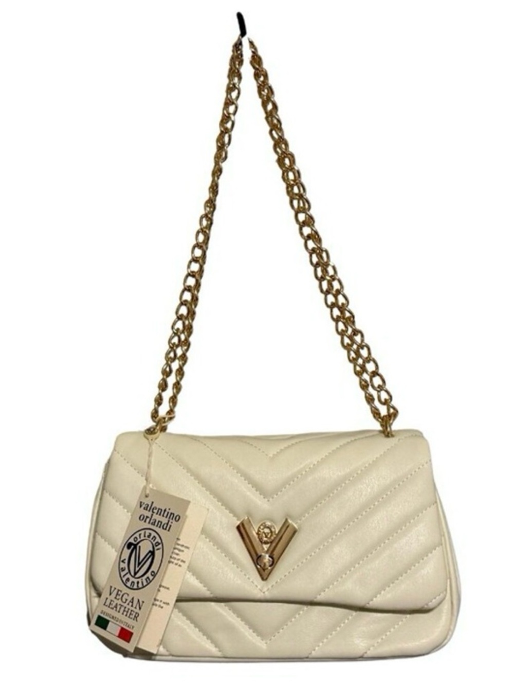 Valentino Orlandi Cream Quilted Shoulder Bag with Gold Chain Strap